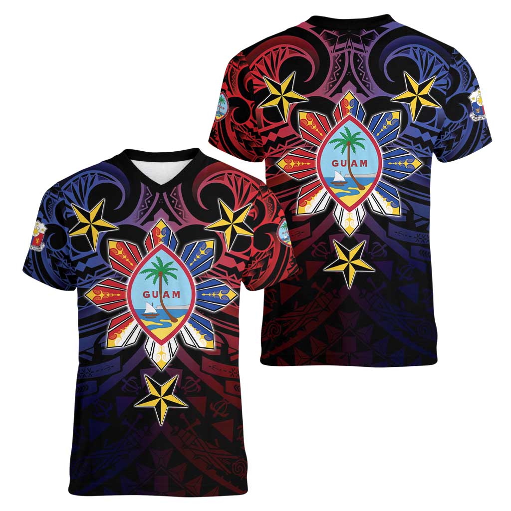 Philippines Guam Women V-Neck T-Shirt Filipino Sun With Guaman Seal