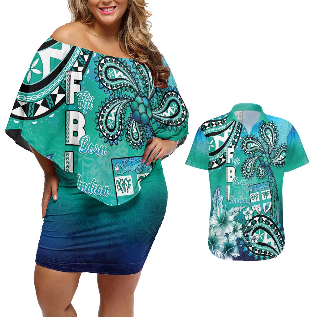 Fiji Born Indian Couples Matching Off Shoulder Short Dress and Hawaiian Shirt Palm Paisley With Tapa Pattern