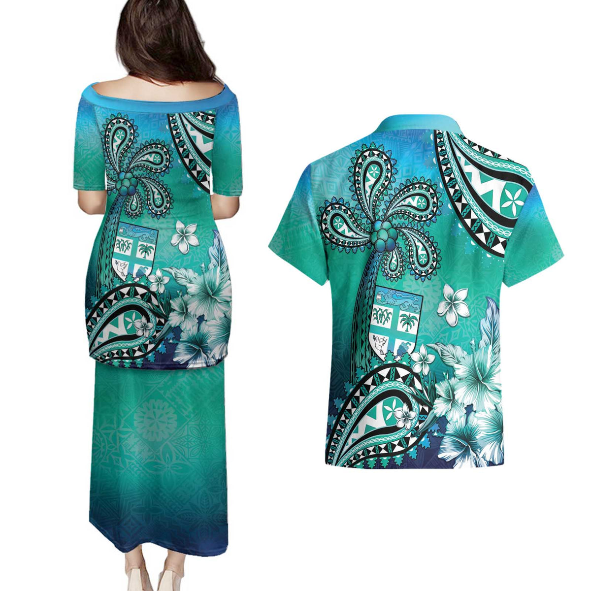 Fiji Born Indian Couples Matching Puletasi and Hawaiian Shirt Palm Paisley With Tapa Pattern