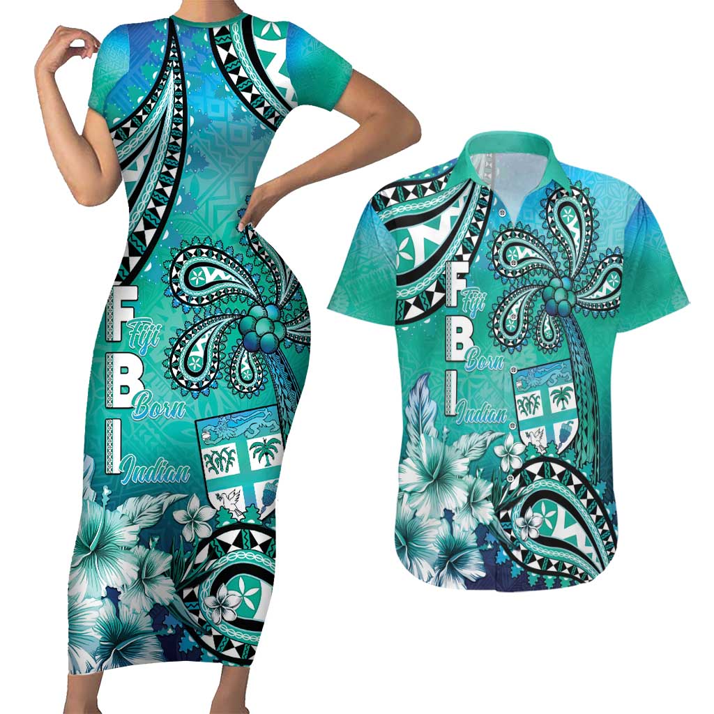 Fiji Born Indian Couples Matching Short Sleeve Bodycon Dress and Hawaiian Shirt Palm Paisley With Tapa Pattern