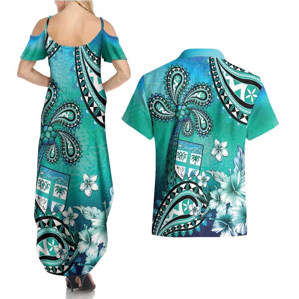 Fiji Born Indian Couples Matching Summer Maxi Dress and Hawaiian Shirt Palm Paisley With Tapa Pattern