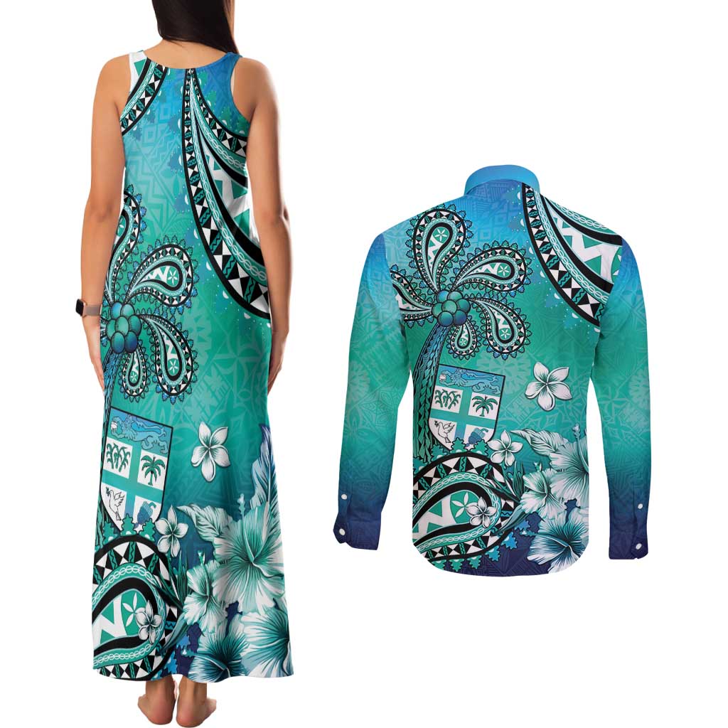 Fiji Born Indian Couples Matching Tank Maxi Dress and Long Sleeve Button Shirt Palm Paisley With Tapa Pattern
