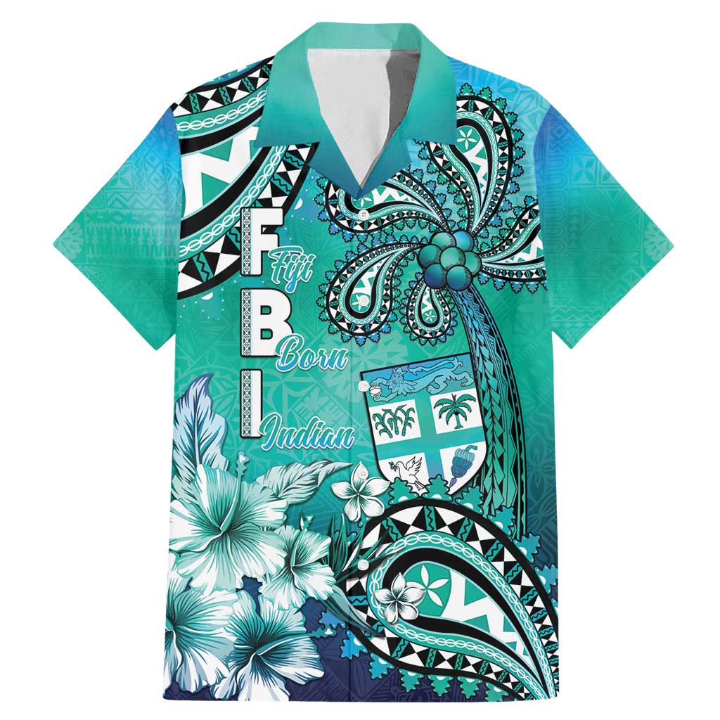 Fiji Born Indian Family Matching Mermaid Dress and Hawaiian Shirt Palm Paisley With Tapa Pattern LT05 Dad's Shirt - Short Sleeve Aqua - Polynesian Pride