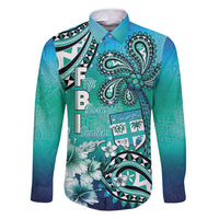 Fiji Born Indian Family Matching Mermaid Dress and Hawaiian Shirt Palm Paisley With Tapa Pattern LT05 Dad's Shirt - Long Sleeve Aqua - Polynesian Pride