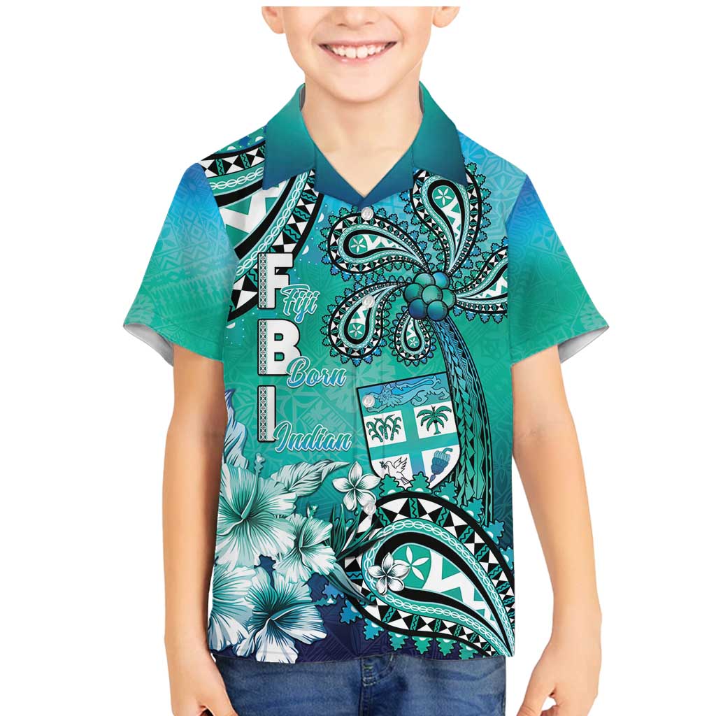Fiji Born Indian Family Matching Mermaid Dress and Hawaiian Shirt Palm Paisley With Tapa Pattern LT05 Son's Shirt Aqua - Polynesian Pride