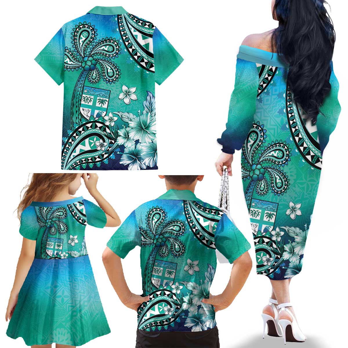 Fiji Born Indian Family Matching Off The Shoulder Long Sleeve Dress and Hawaiian Shirt Palm Paisley With Tapa Pattern