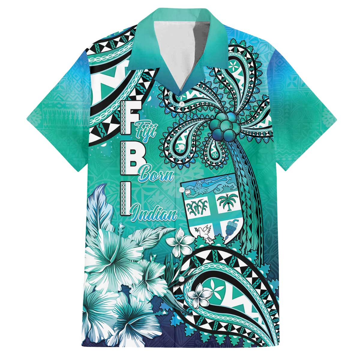 Fiji Born Indian Family Matching Off The Shoulder Long Sleeve Dress and Hawaiian Shirt Palm Paisley With Tapa Pattern