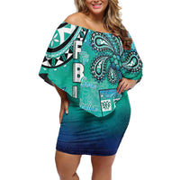 Fiji Born Indian Family Matching Off Shoulder Short Dress and Hawaiian Shirt Palm Paisley With Tapa Pattern
