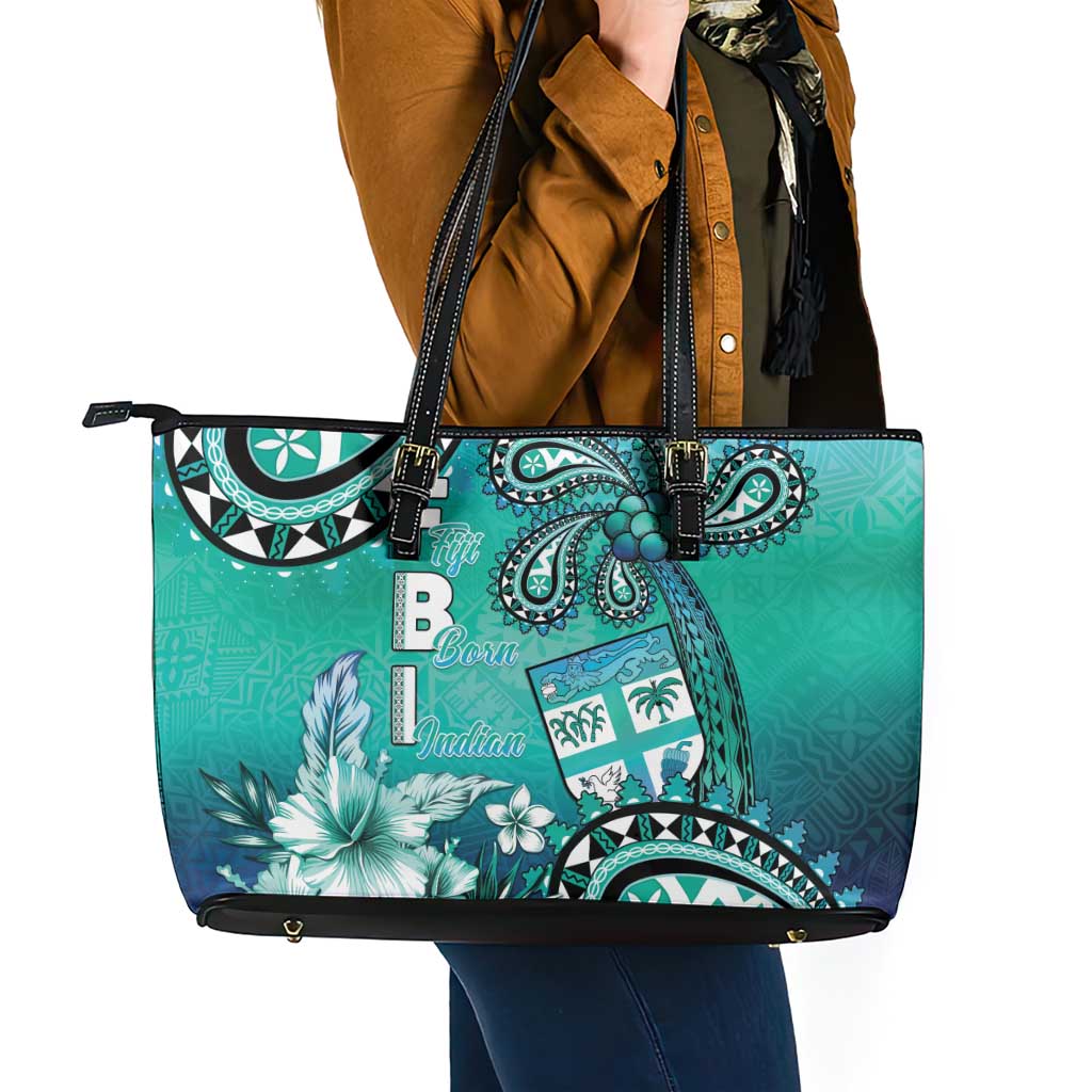 Fiji Born Indian Leather Tote Bag Palm Paisley With Tapa Pattern