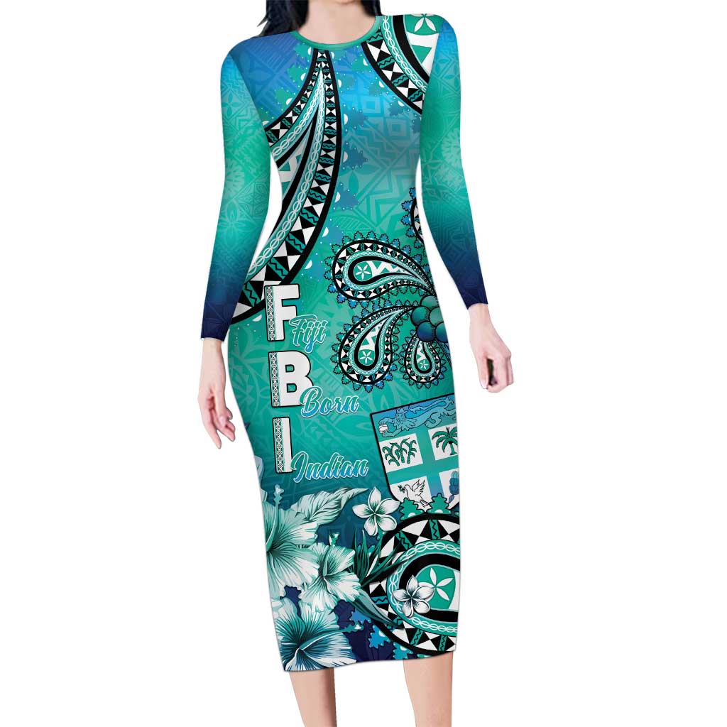 Fiji Born Indian Long Sleeve Bodycon Dress Palm Paisley With Tapa Pattern