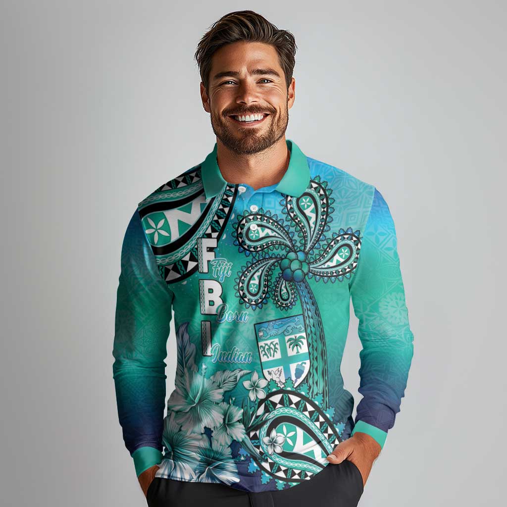 Fiji Born Indian Long Sleeve Polo Shirt Palm Paisley With Tapa Pattern