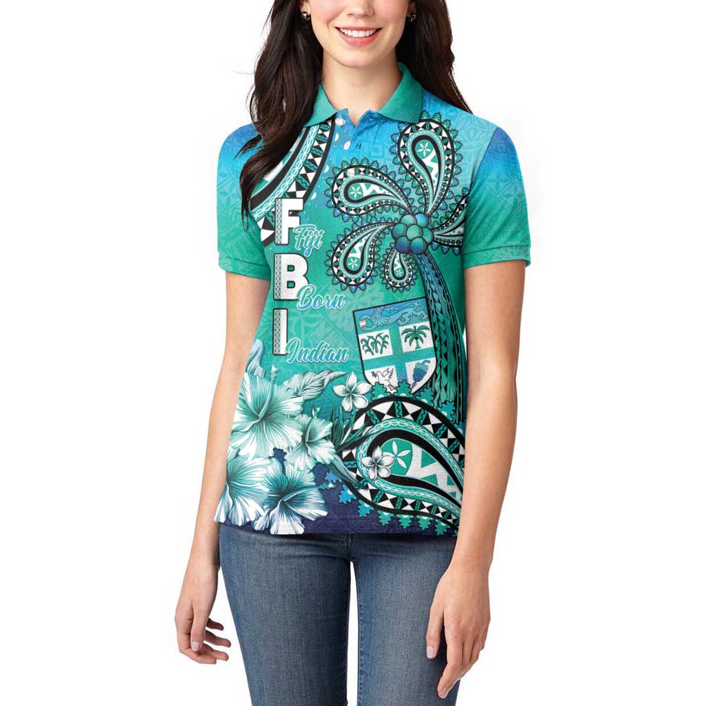 Fiji Born Indian Women Polo Shirt Palm Paisley With Tapa Pattern