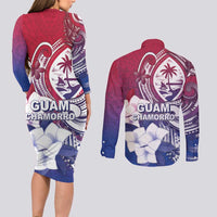 Guam Gadao Couples Matching Long Sleeve Bodycon Dress and Long Sleeve Button Shirt Hafa Adai Micronesian Tribal Pattern