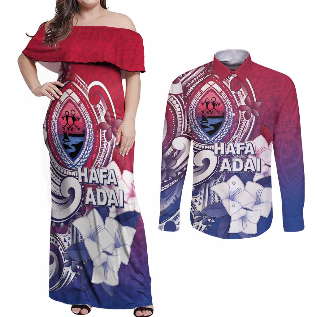 Guam Gadao Couples Matching Off Shoulder Maxi Dress and Long Sleeve Button Shirt Hafa Adai Micronesian Tribal Pattern