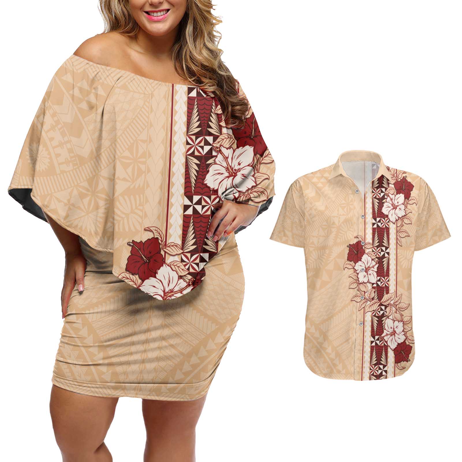 Tonga Language Week Couples Matching Off Shoulder Short Dress and Hawaiian Shirt Hibiscus Tongan Ngatu Pattern