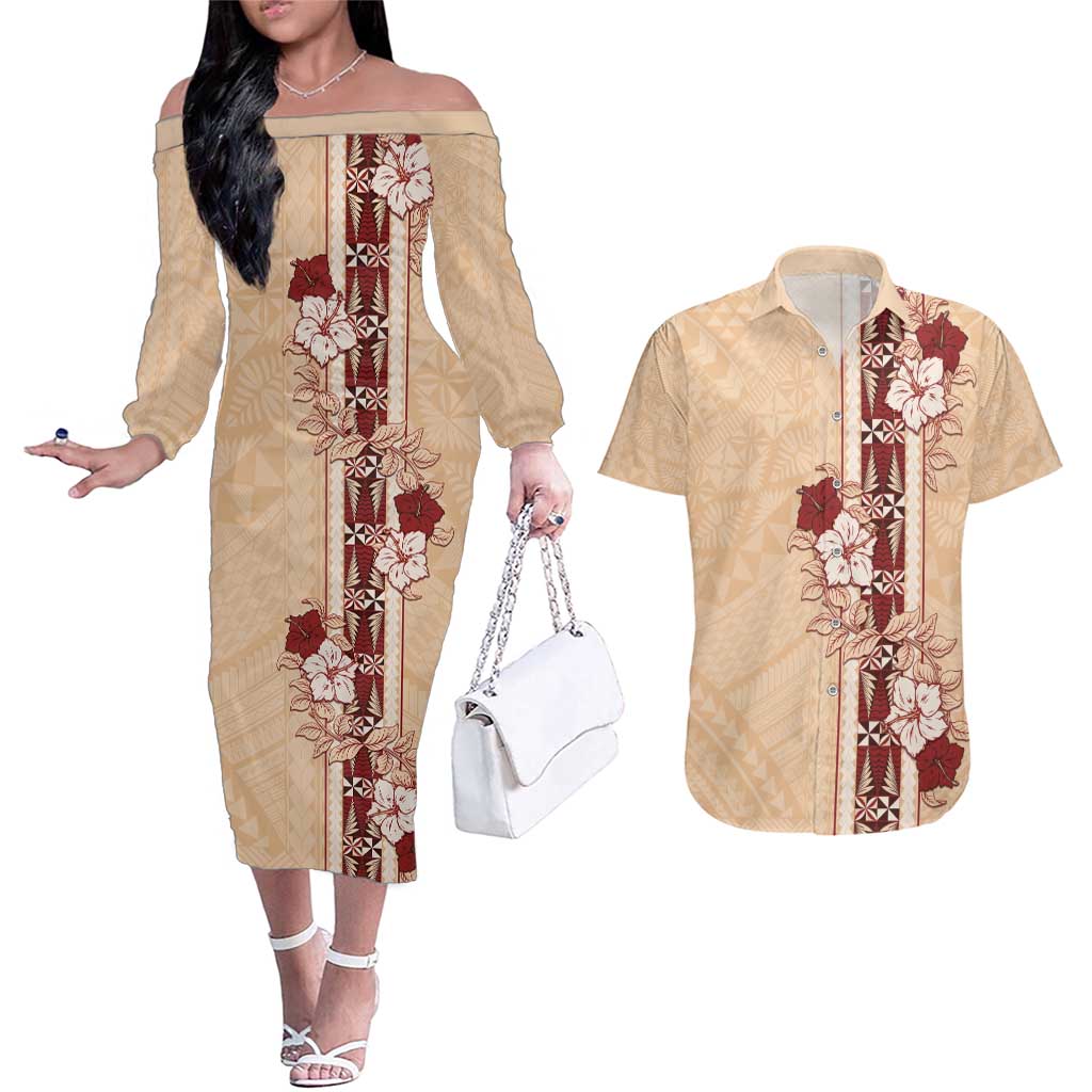 Tonga Language Week Couples Matching Off The Shoulder Long Sleeve Dress and Hawaiian Shirt Hibiscus Tongan Ngatu Pattern