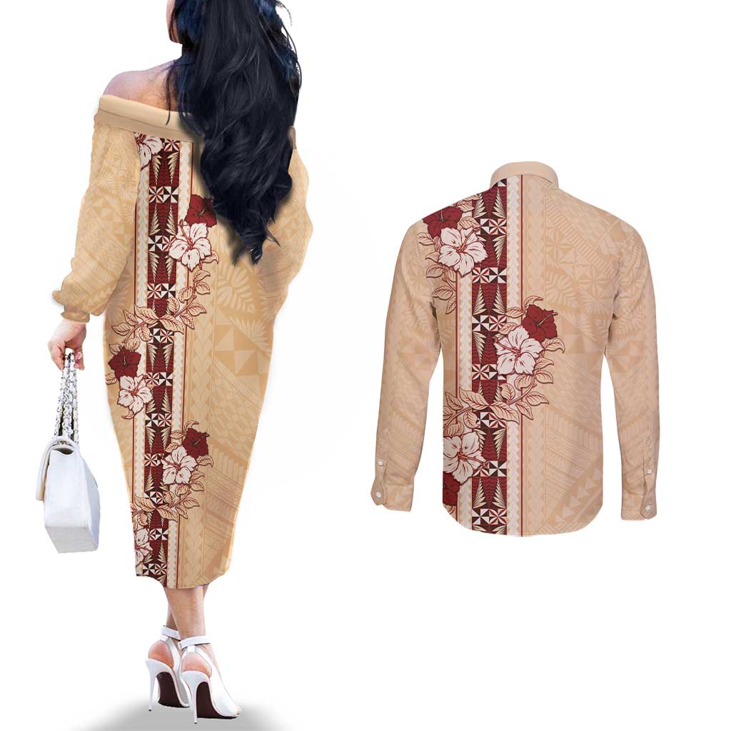 Tonga Language Week Couples Matching Off The Shoulder Long Sleeve Dress and Long Sleeve Button Shirt Hibiscus Tongan Ngatu Pattern