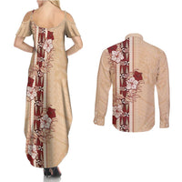 Tonga Language Week Couples Matching Summer Maxi Dress and Long Sleeve Button Shirt Hibiscus Tongan Ngatu Pattern LT05 - Polynesian Pride