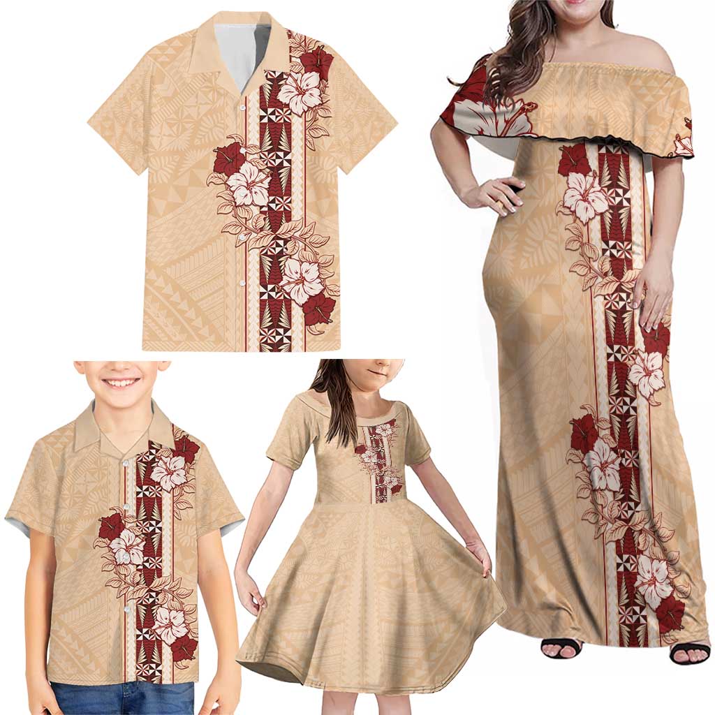 Tonga Language Week Family Matching Off Shoulder Maxi Dress and Hawaiian Shirt Hibiscus Tongan Ngatu Pattern