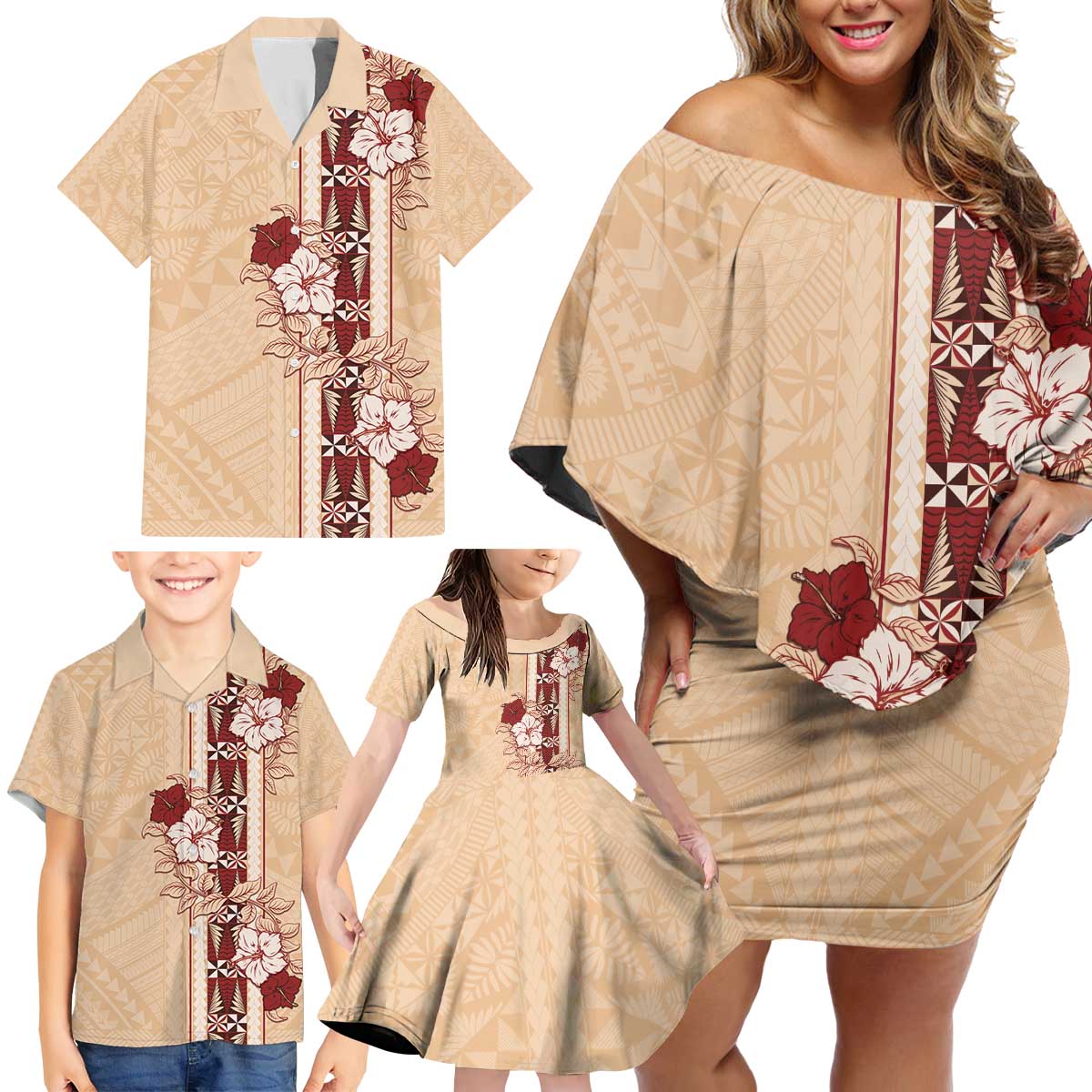 Tonga Language Week Family Matching Off Shoulder Short Dress and Hawaiian Shirt Hibiscus Tongan Ngatu Pattern