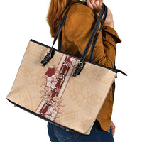 Tonga Language Week Leather Tote Bag Hibiscus Tongan Ngatu Pattern