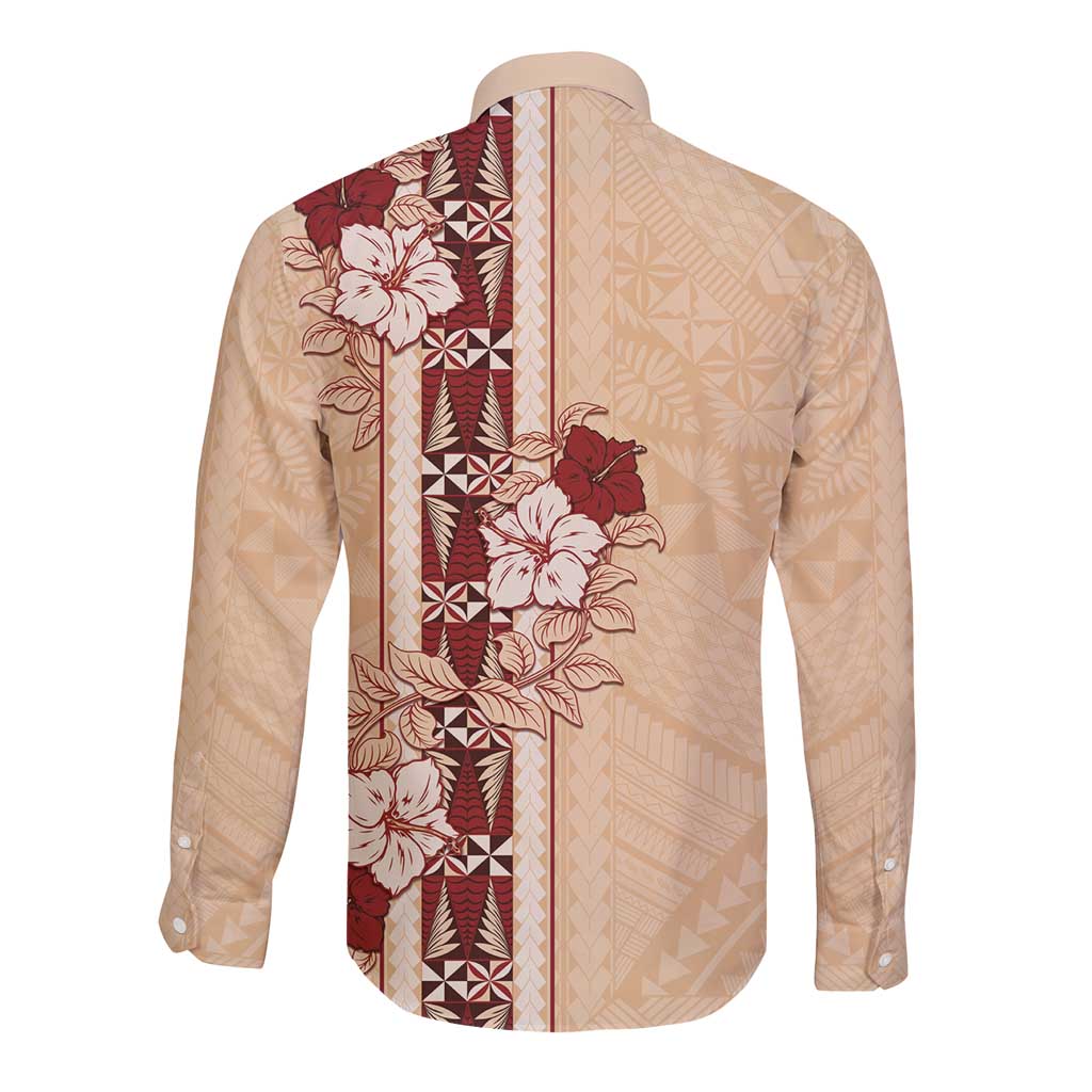 Tonga Language Week Long Sleeve Button Shirt Hibiscus Tongan Ngatu Pattern