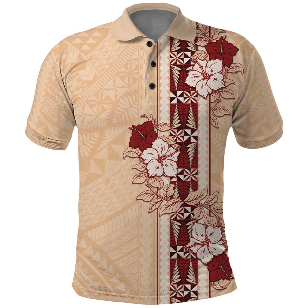 Tonga Language Week Polo Shirt Hibiscus Tongan Ngatu Pattern LT05 Beige - Polynesian Pride