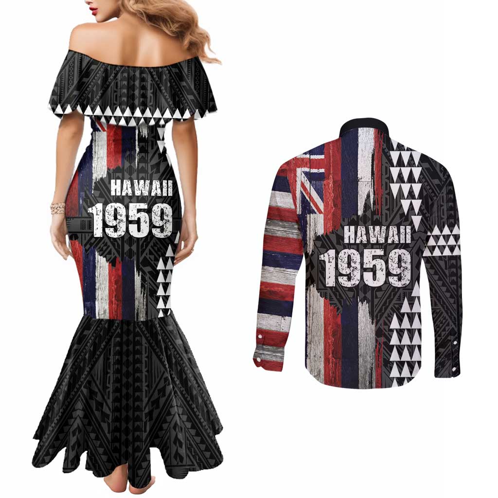 Hawaii 1959 Statehood Day Couples Matching Mermaid Dress and Long Sleeve Button Shirt Classic Style