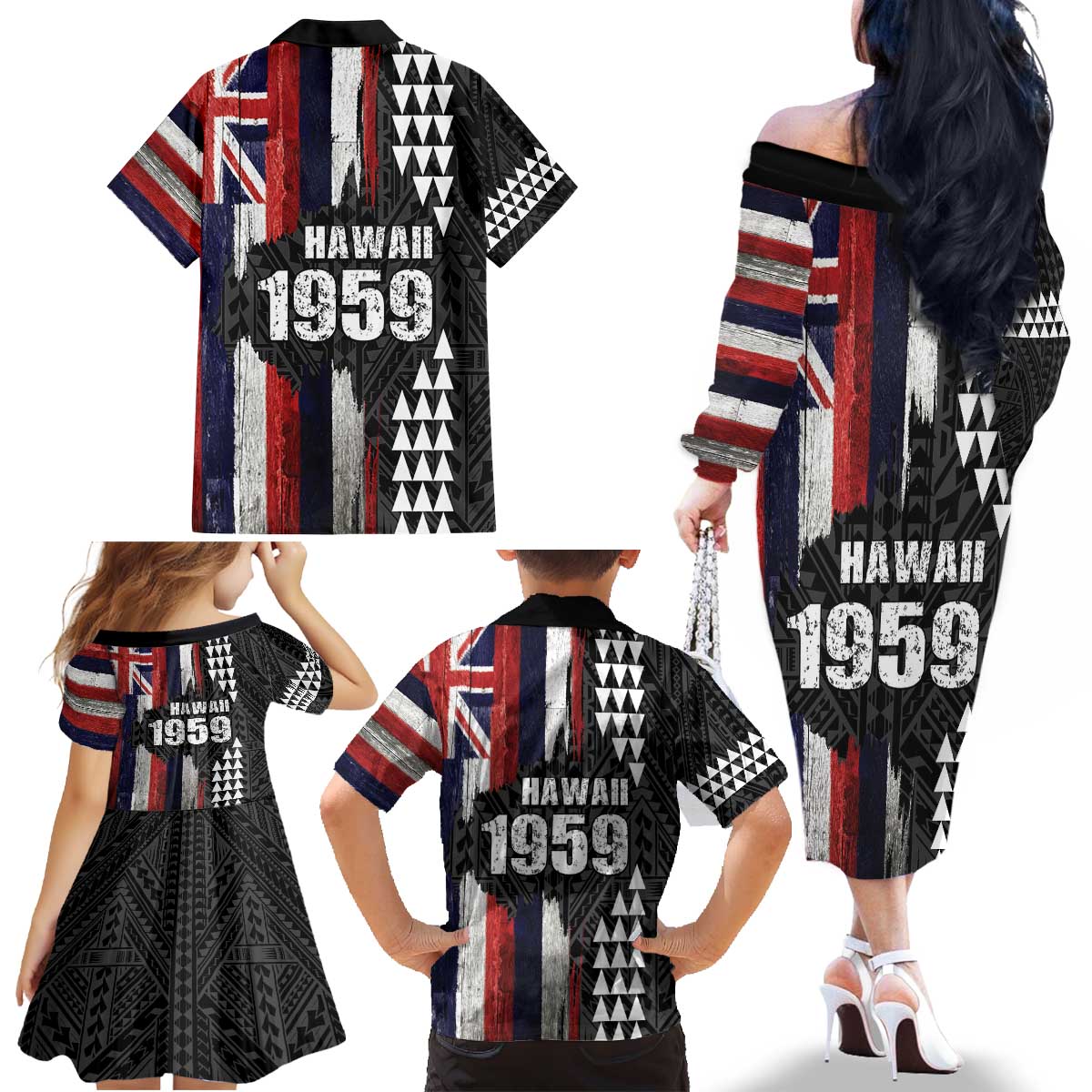 Hawaii 1959 Statehood Day Family Matching Off The Shoulder Long Sleeve Dress and Hawaiian Shirt Classic Style