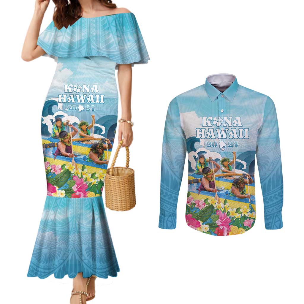 Hawaii Outrigger Canoe Race Couples Matching Mermaid Dress and Long Sleeve Button Shirt Polynesian Style Watercolor Style
