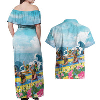 Hawaii Outrigger Canoe Race Couples Matching Off Shoulder Maxi Dress and Hawaiian Shirt Polynesian Style Watercolor Style