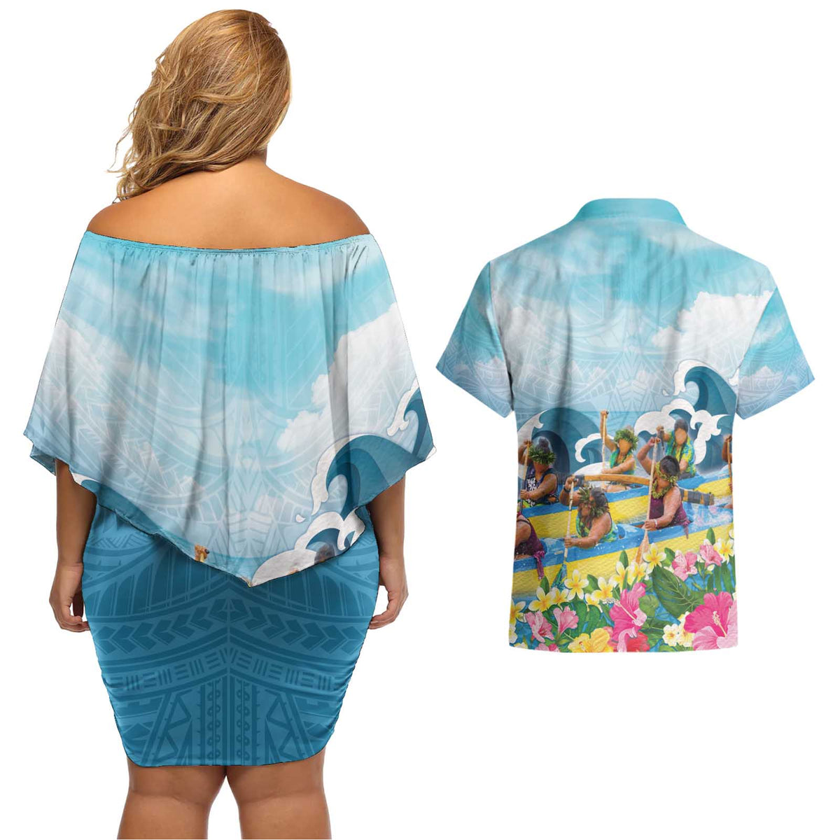 Hawaii Outrigger Canoe Race Couples Matching Off Shoulder Short Dress and Hawaiian Shirt Polynesian Style Watercolor Style