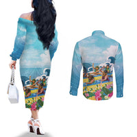 Hawaii Outrigger Canoe Race Couples Matching Off The Shoulder Long Sleeve Dress and Long Sleeve Button Shirt Polynesian Style Watercolor Style