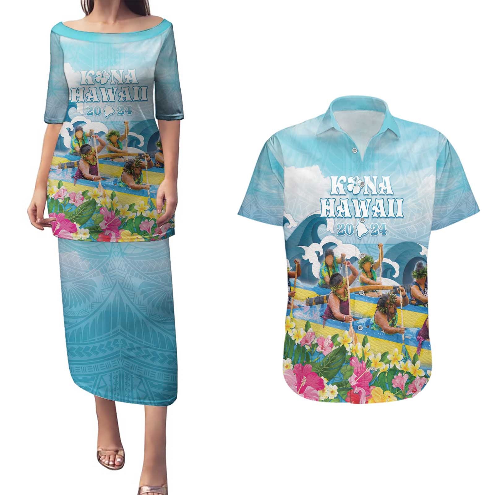 Hawaii Outrigger Canoe Race Couples Matching Puletasi and Hawaiian Shirt Polynesian Style Watercolor Style