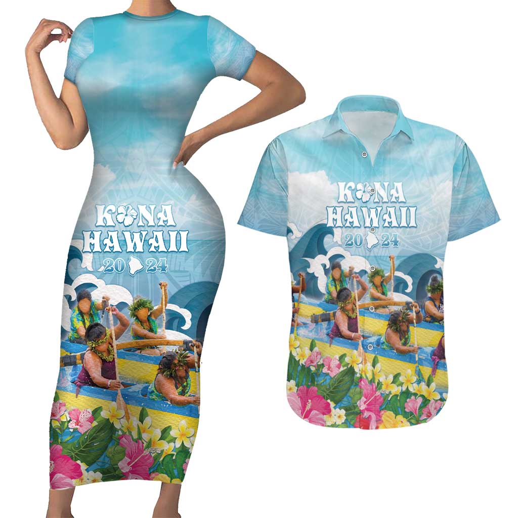 Hawaii Outrigger Canoe Race Couples Matching Short Sleeve Bodycon Dress and Hawaiian Shirt Polynesian Style Watercolor Style