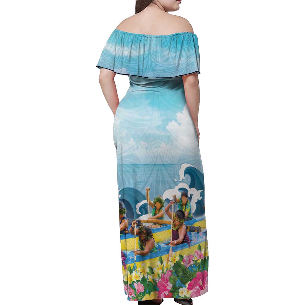 Hawaii Outrigger Canoe Race Family Matching Off Shoulder Maxi Dress and Hawaiian Shirt Polynesian Style Watercolor Style