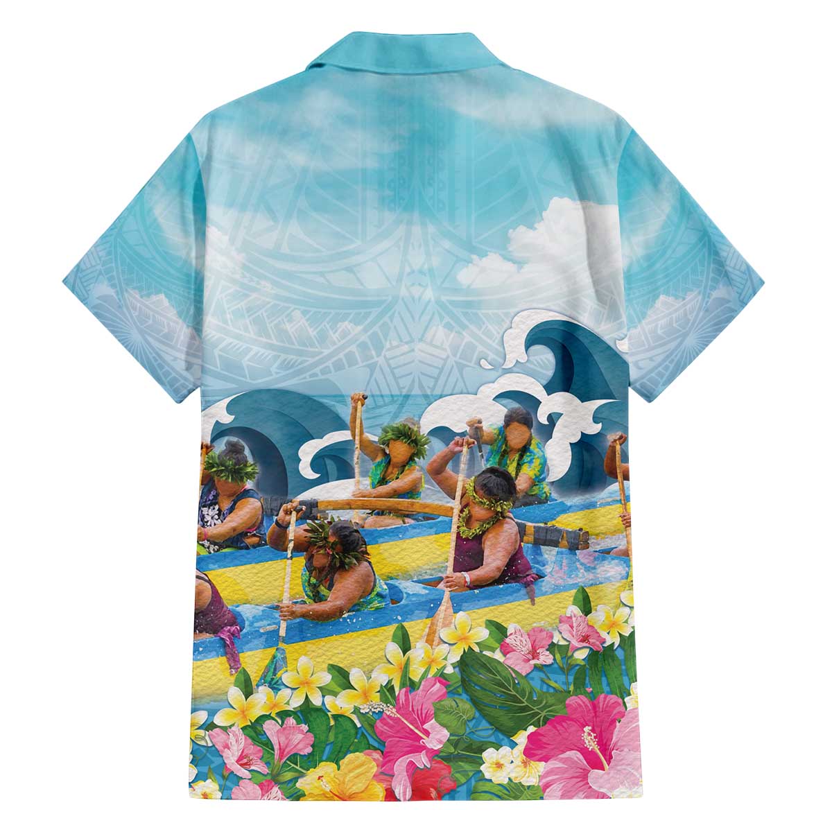 Hawaii Outrigger Canoe Race Family Matching Off Shoulder Short Dress and Hawaiian Shirt Polynesian Style Watercolor Style
