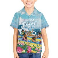 Hawaii Outrigger Canoe Race Family Matching Off Shoulder Short Dress and Hawaiian Shirt Polynesian Style Watercolor Style