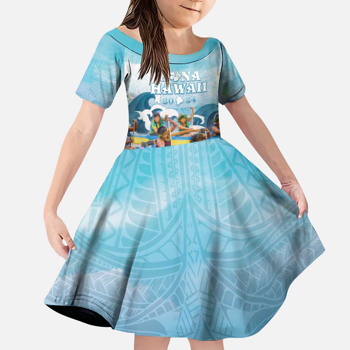 Hawaii Outrigger Canoe Race Family Matching Puletasi and Hawaiian Shirt Polynesian Style Watercolor Style LT05 Daughter's Dress Blue - Polynesian Pride
