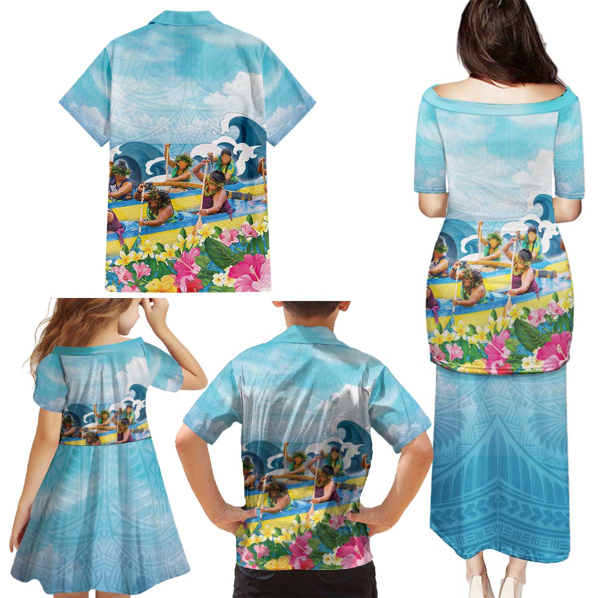 Hawaii Outrigger Canoe Race Family Matching Puletasi and Hawaiian Shirt Polynesian Style Watercolor Style LT05 - Polynesian Pride