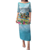 Hawaii Outrigger Canoe Race Family Matching Puletasi and Hawaiian Shirt Polynesian Style Watercolor Style LT05 Mom's Dress Blue - Polynesian Pride