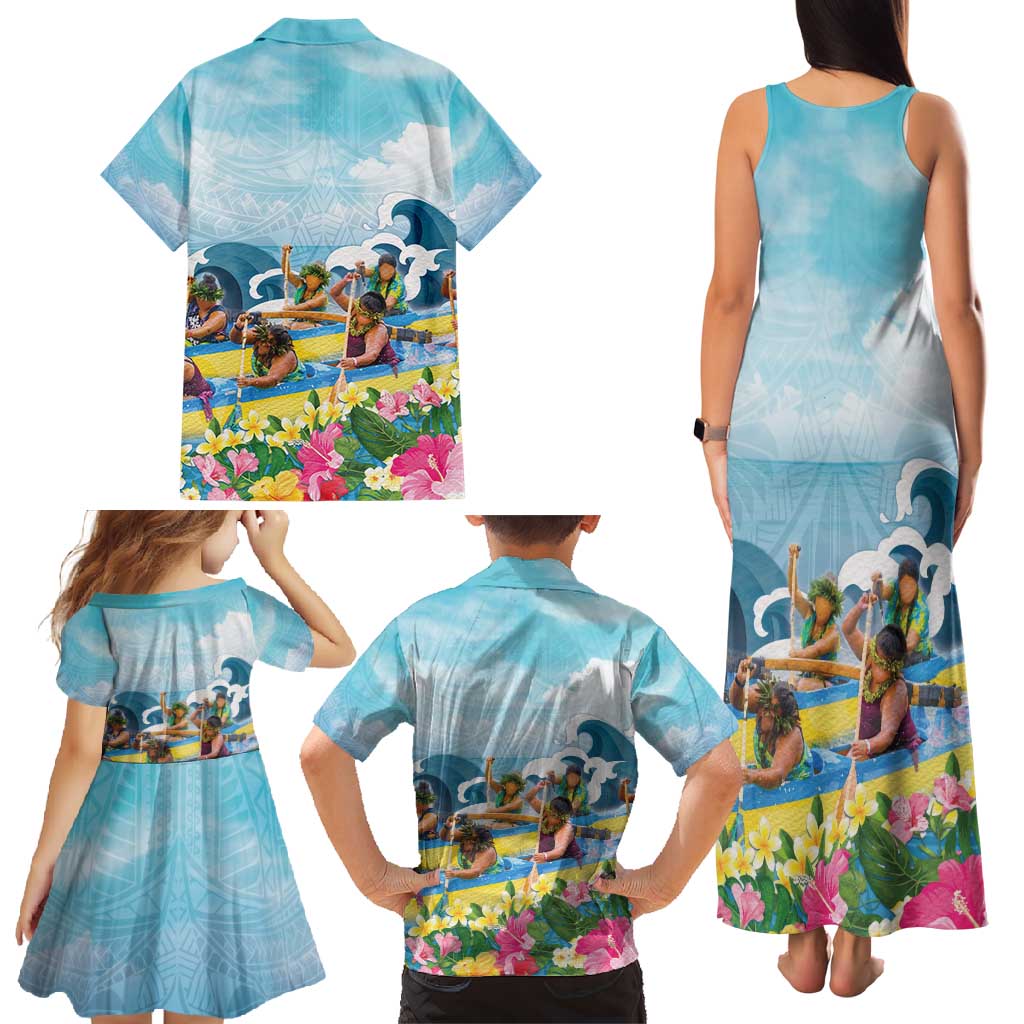 Hawaii Outrigger Canoe Race Family Matching Tank Maxi Dress and Hawaiian Shirt Polynesian Style Watercolor Style