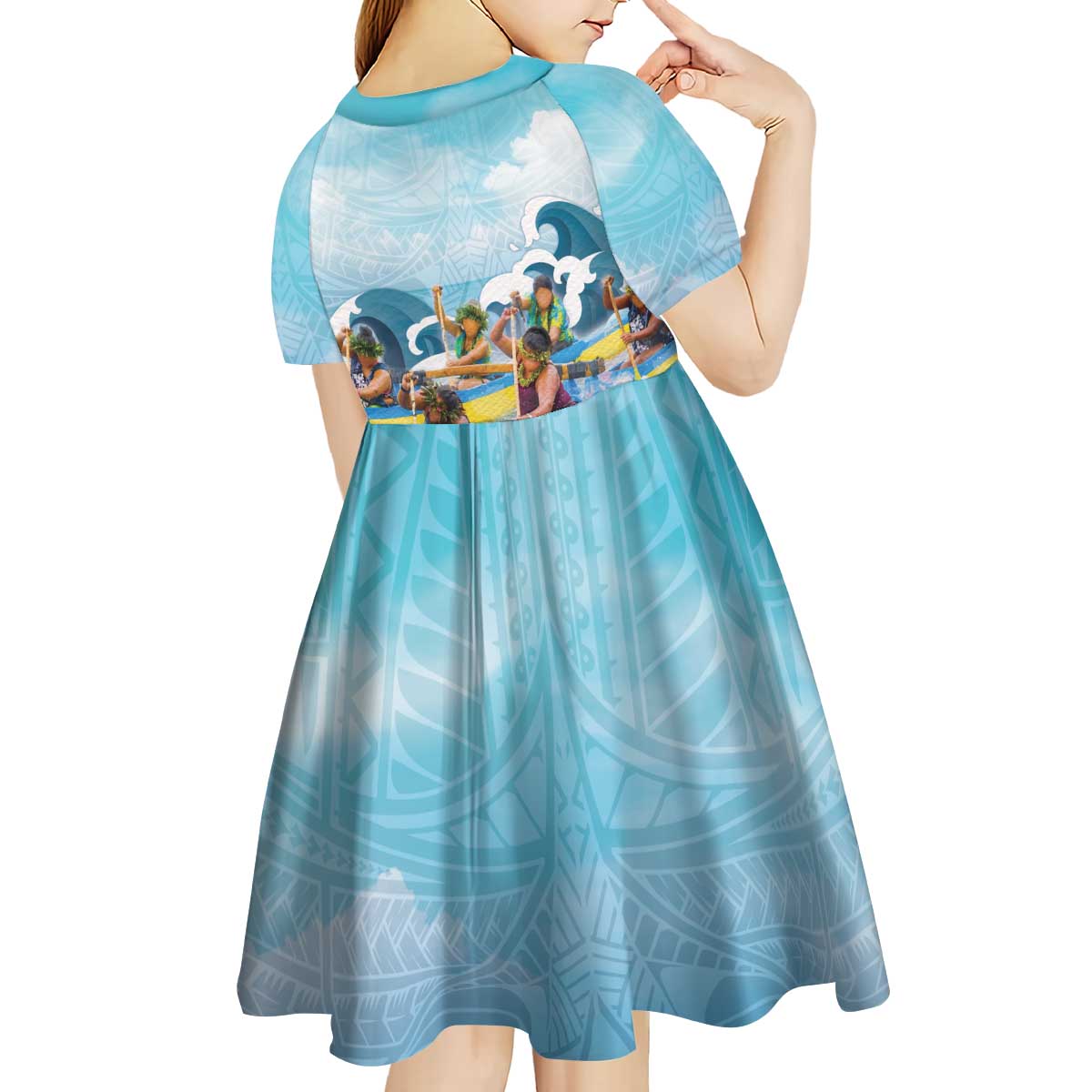 Hawaii Outrigger Canoe Race Kid Short Sleeve Dress Polynesian Style Watercolor Style