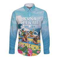 Hawaii Outrigger Canoe Race Long Sleeve Button Shirt Polynesian Style Watercolor Style