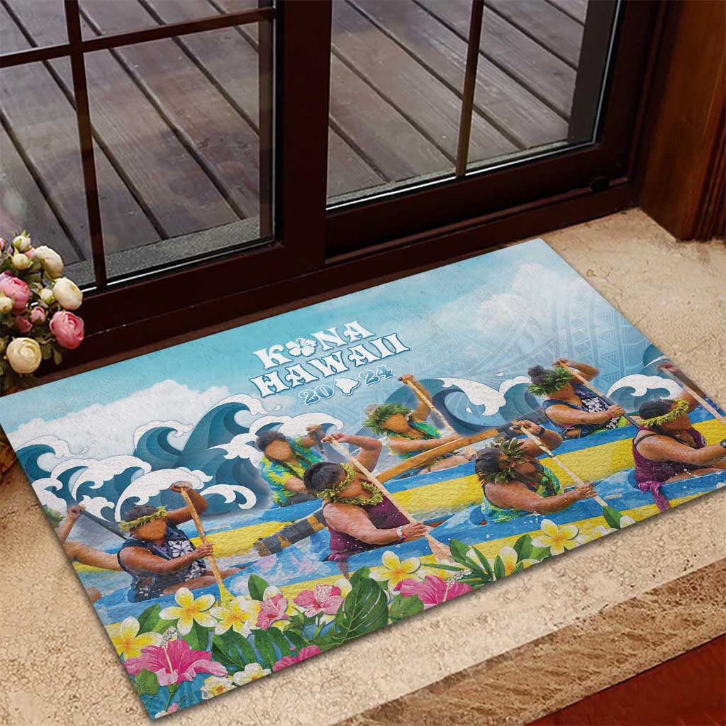 Hawaii Outrigger Canoe Race Rubber Doormat Polynesian Style Watercolor Style