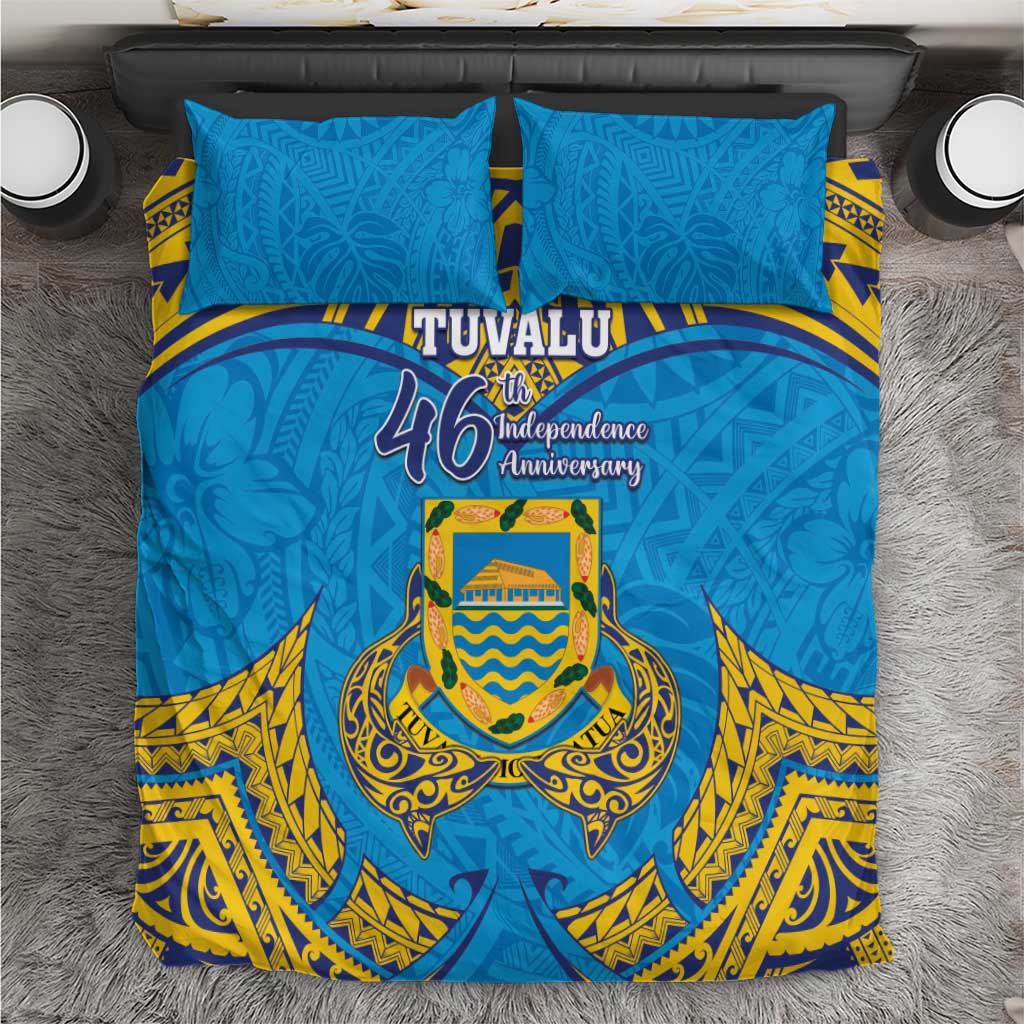 Tuvalu Independence Day Bedding Set Coat Of Arms With Polynesian Dolphin Tattoo