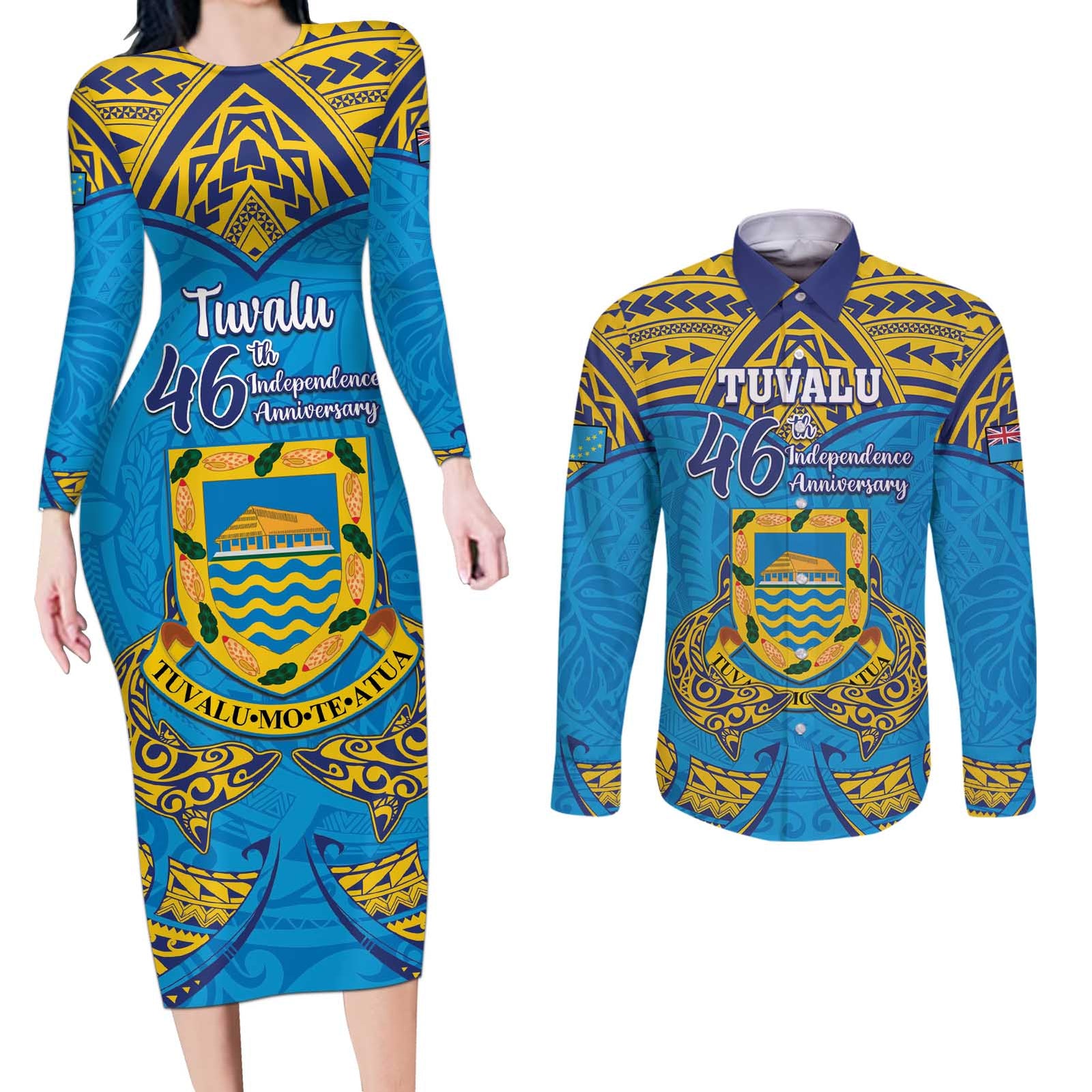 Personalised Tuvalu Independence Day Couples Matching Long Sleeve Bodycon Dress and Long Sleeve Button Shirt Coat Of Arms With Polynesian Dolphin Tattoo