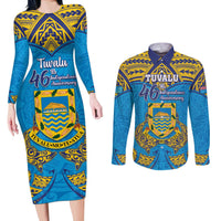 Personalised Tuvalu Independence Day Couples Matching Long Sleeve Bodycon Dress and Long Sleeve Button Shirt Coat Of Arms With Polynesian Dolphin Tattoo