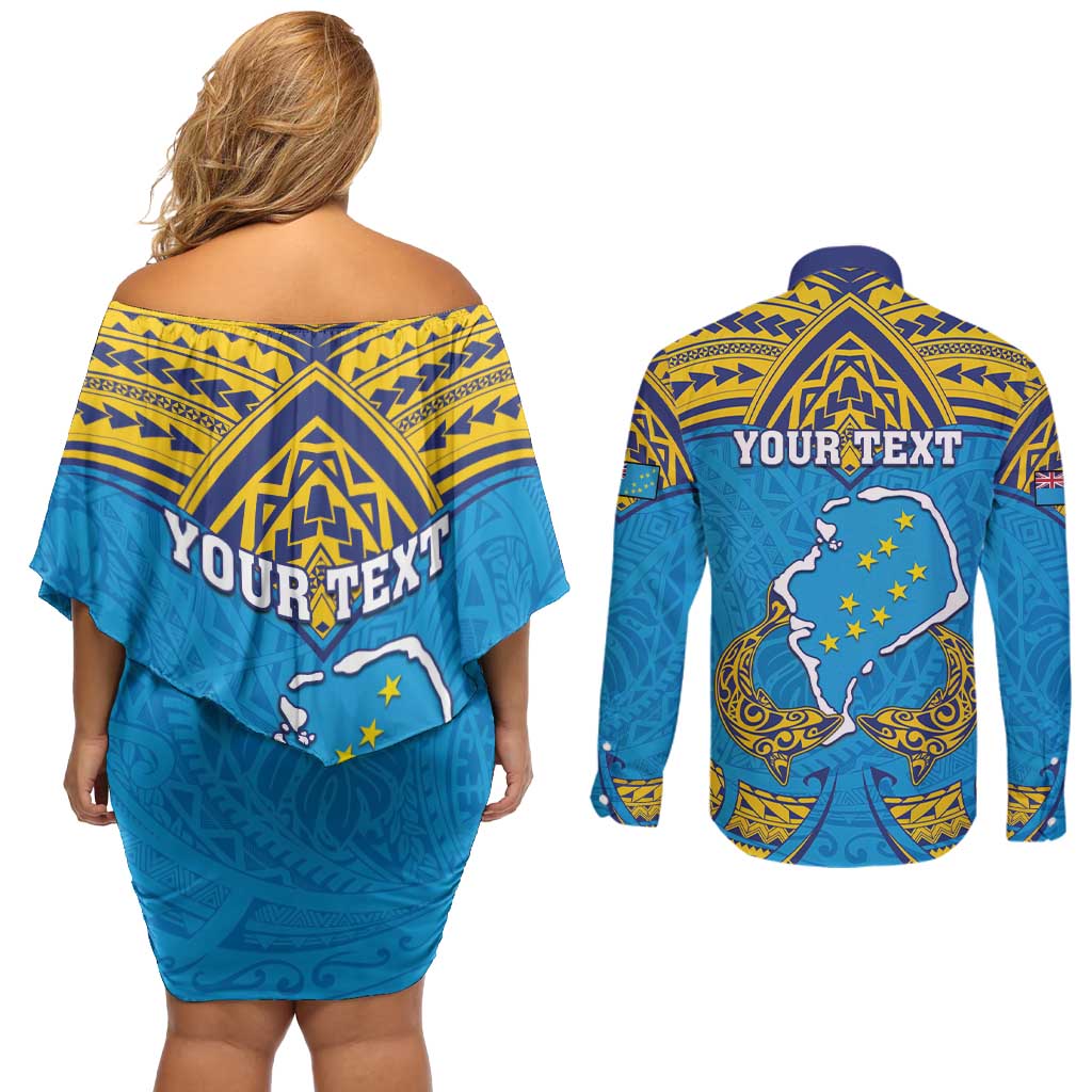 Personalised Tuvalu Independence Day Couples Matching Off Shoulder Short Dress and Long Sleeve Button Shirt Coat Of Arms With Polynesian Dolphin Tattoo