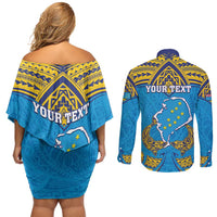 Personalised Tuvalu Independence Day Couples Matching Off Shoulder Short Dress and Long Sleeve Button Shirt Coat Of Arms With Polynesian Dolphin Tattoo